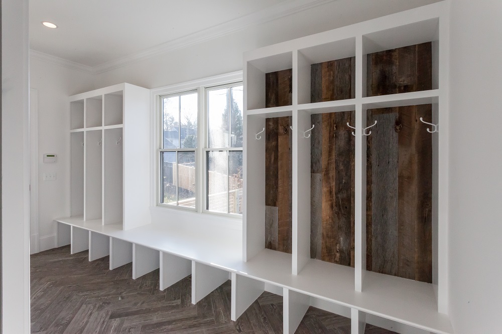 Image of mudroom with wood panels from Sawmill Designs