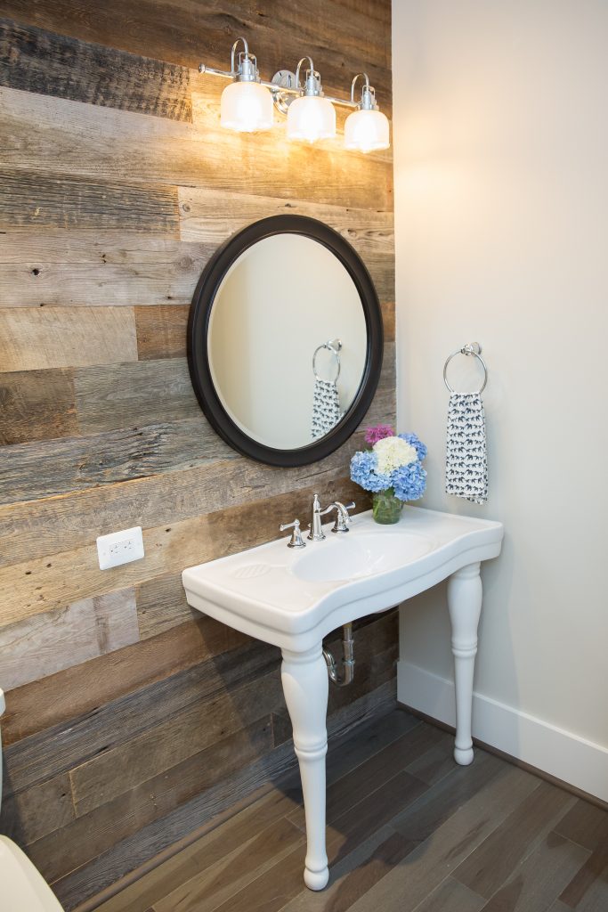 Image of Vanity with Sawmill Designs peel and stick barnboard wall siding